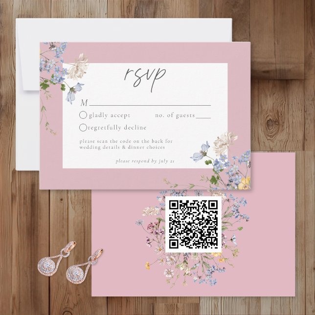 Cartons Réponse Pink Wildflower Garden Elegant Wedding QR (Créateur téléchargé)