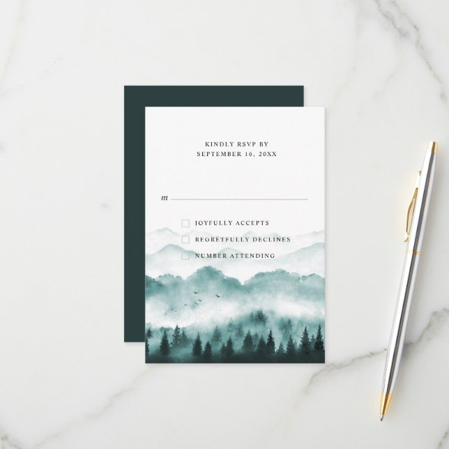 Cartons Réponse Pins de montagne aquarelle rustique (Devant/Arrière en situation)
