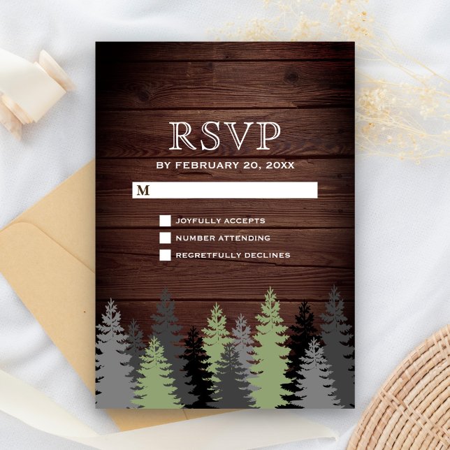 Cartons Réponse Pins Rustiques de Mariage d'Hiver en Bois (Créateur téléchargé)