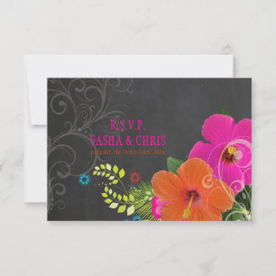 Cartons Réponse PixDezines rsvp, tableau noir+hibiscus+foune
