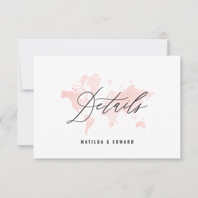 Cartons Réponse Plan du monde en aquarelle rose Détails du mariage (Devant)