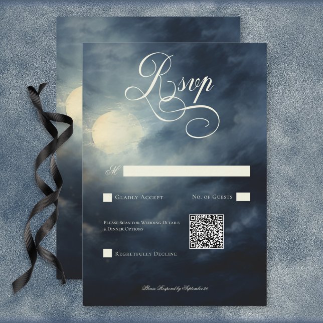 Cartons Réponse Pleine lune gothique foncé Ciel de nuit Mariage QR (Dark Gothic Full Moon Night Sky Wedding QR Code RSVP Card)