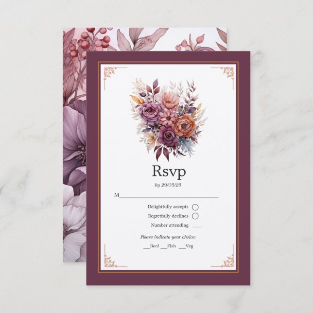 Cartons Réponse Plum, Grey, cuivre et Dusty Rose Mariage floral (Devant / Derrière)
