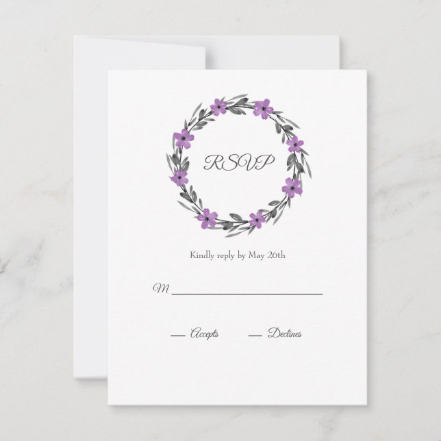 Cartons Réponse Plum Mauve Gris Aquarelle noire Florale Wreath (Devant)