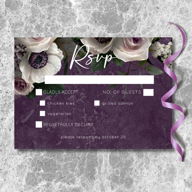 Cartons Réponse Plum Purple Élégant Floral Moderne Dîner Mariage (Plum Purple Elegant Floral Modern Wedding Dinner RSVP Card)