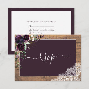 Cartons Réponse Plum rustique violet floral Script dentelle bois R