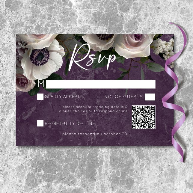 Cartons Réponse Plum violet élégant Floral moderne Mariage QR Code (Plum Purple Elegant Floral Modern Wedding QR Code RSVP Card)