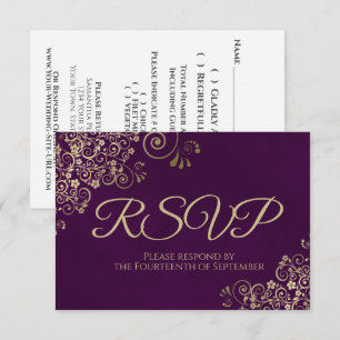 Cartons Réponse Plum violet et élégante dentelle or Mariage