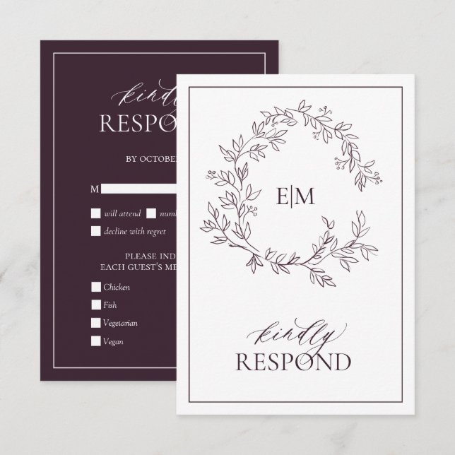 Cartons Réponse Plum violet poitrine feuillus Monogramme Mariage C (Devant / Derrière)