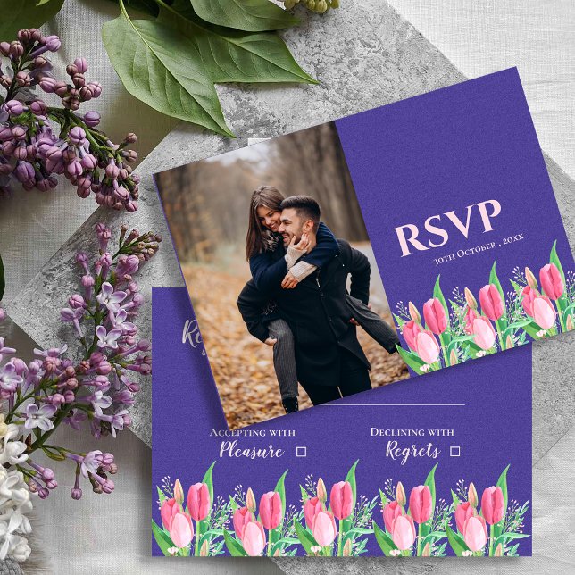 Cartons Réponse  Pretty Purple & Blush Tulip Floral Photo Wedding (Pretty Purple & Blush Tulip Floral Photo Wedding RSVP Card)