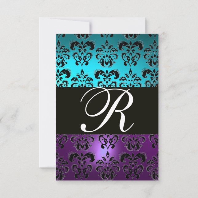 Cartons Réponse PURPLE BLACK DAMASK MONOGRAM RSVP, turquase bleue (Devant)