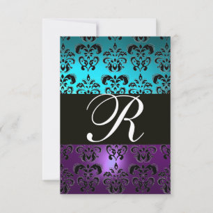 Cartons Réponse PURPLE BLACK DAMASK MONOGRAM RSVP, turquase bleue