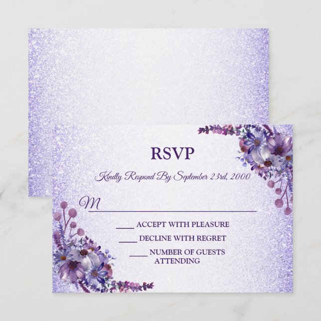 Cartons Réponse Purple Blue Pink Floral Glitter Wedding Party (Devant / Derrière)