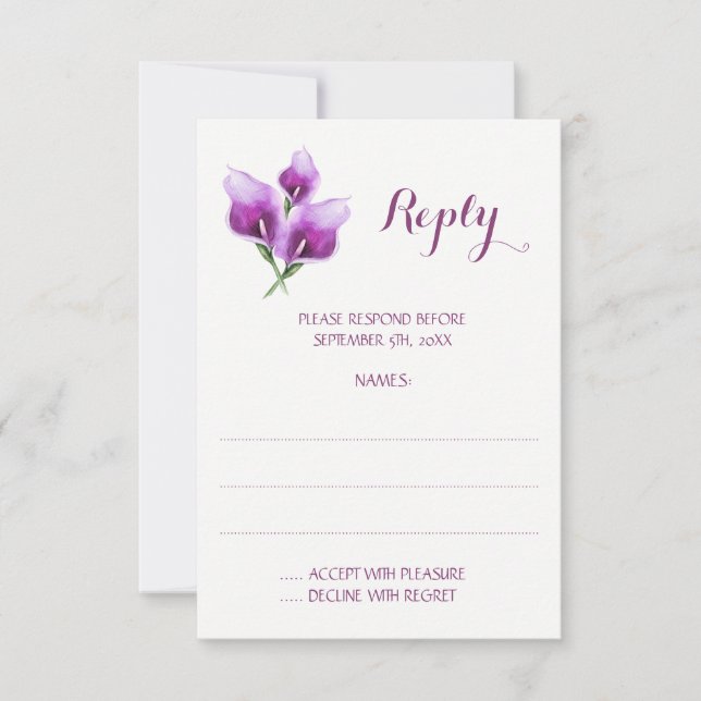 Cartons Réponse Purple Calla Lily Monogramme Mariage Réponses Cart (Devant)