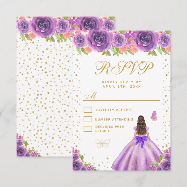 Cartons Réponse Purple Floral Brunette Hair Princess Sweet Sixteen (Devant / Derrière)