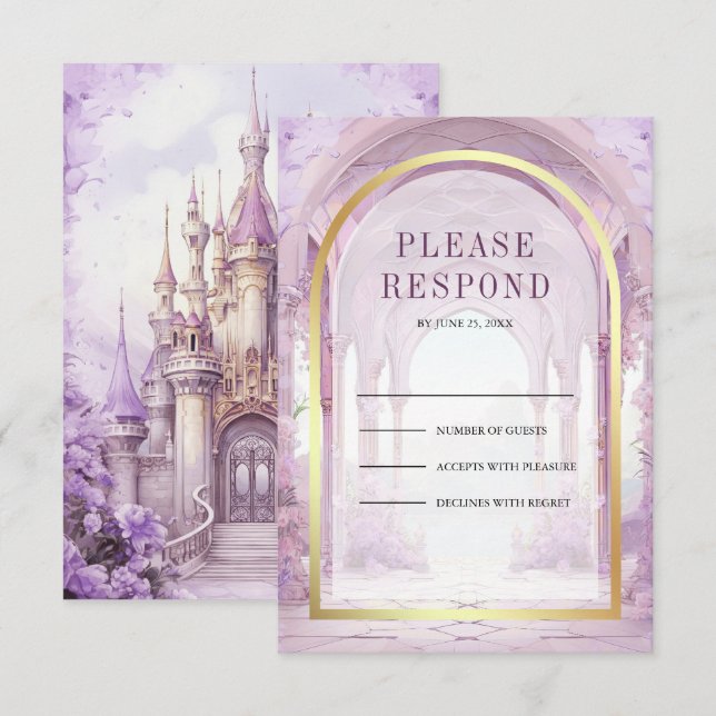 Cartons Réponse Purple Floral Fairytale Castle Wedding (Devant / Derrière)
