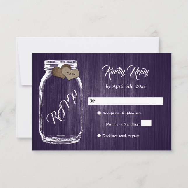 Cartons Réponse Purple rustique Pays Bois Coeur Mason Jar Mariage (Devant)