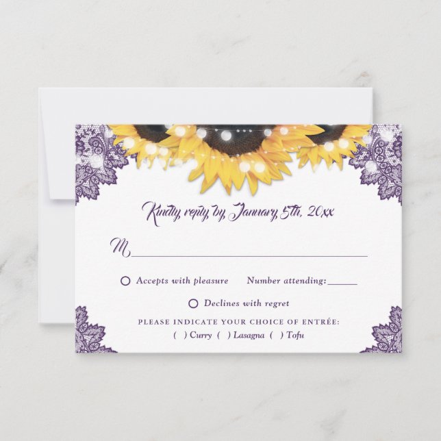 Cartons Réponse Purple Sunflower Lace Wedding Meal Choice (Devant)