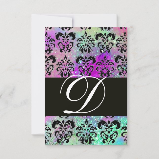 CARTONS RÉPONSE PURPLE TURQUOISE AQUA BLUE BLACK DAMASK MONOGRAM R (Devant)