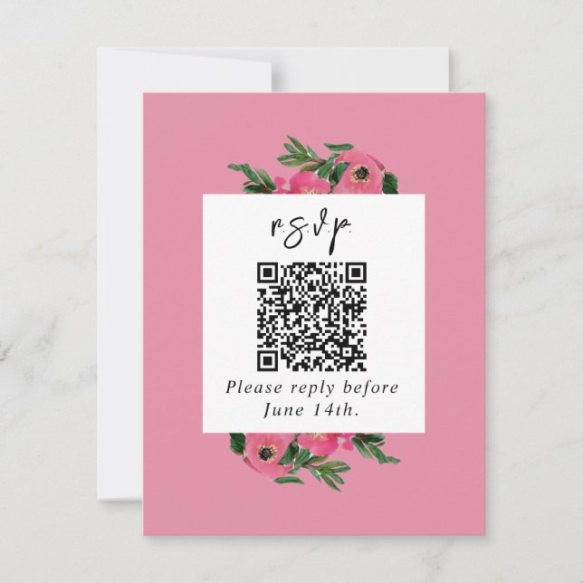 Cartons Réponse QR Code Aquarelle Anémonique Mariage rose (Devant)