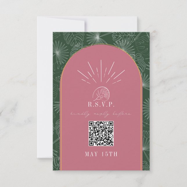 Cartons Réponse QR Code Arch Tropical Palm rose Mariage vert rose (Devant)