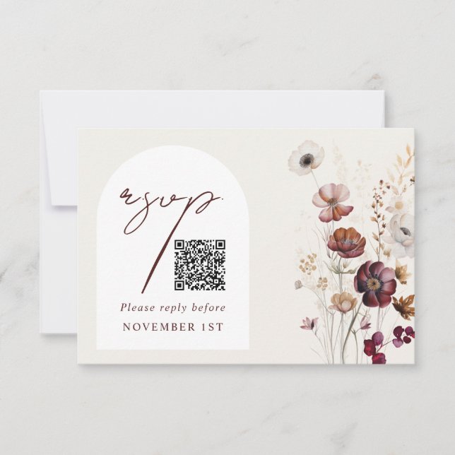 Cartons Réponse QR Code Bourgogne Anémonique Arc Floral Mariage RS (Devant)