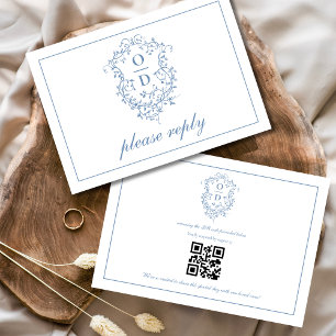 Cartons Réponse QR Code Dusty Blue Crest Monogram Mariage