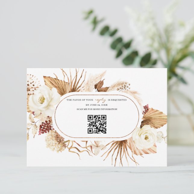 Cartons Réponse QR Code Fleurs blanches Pampas Grass Anniversaire  (Debout devant)