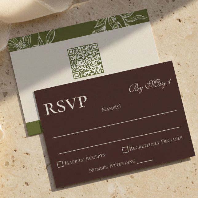 Cartons Réponse QR Code Floral Marron Rustique (Rustic Brown Floral QR RSVP Card)