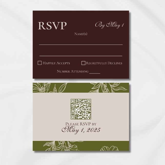 Cartons Réponse QR Code Floral Marron Rustique (Modern Elegant Mousse Brown Wedding Suite Theme with options to personalize for your special day.)