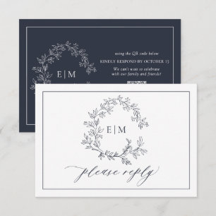Cartons Réponse QR Code Marine Blue Leafy Crest Monogram Mariage
