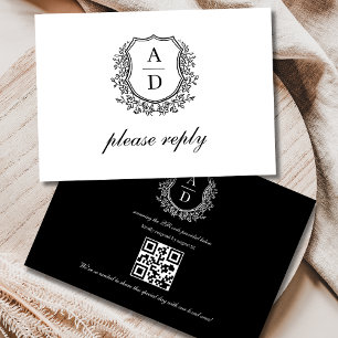 Cartons Réponse QR Code noir blanc crête Monogramme Mariage