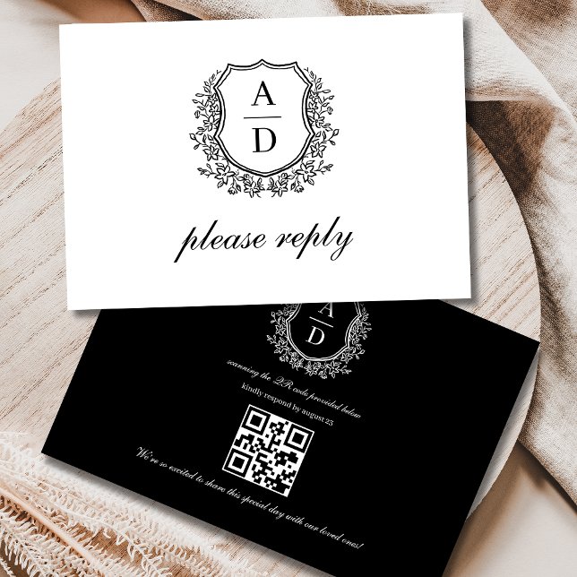 Cartons Réponse QR Code noir blanc crête Monogramme Mariage (Créateur téléchargé)