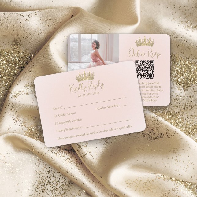 Cartons Réponse QR Code & Photo Elegant Quinceañera Gold Crown (Créateur téléchargé)