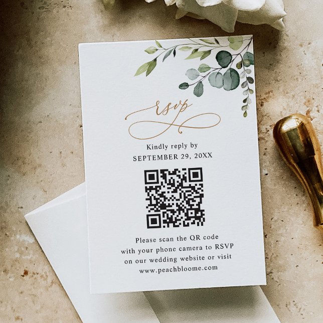 Cartons Réponse QR Code Rustique Eucalyptus Verdure Mariage Or (Créateur téléchargé)