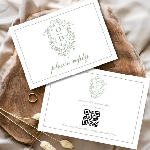 Cartons Réponse QR Code Sage Green Crest Monogram Mariage