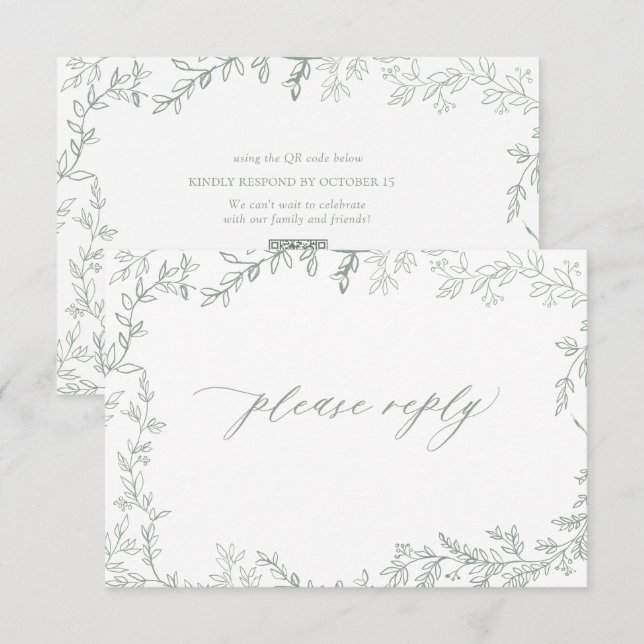 Cartons Réponse QR Code Sage vert cadre feuilleté Mariage rustique (Devant / Derrière)