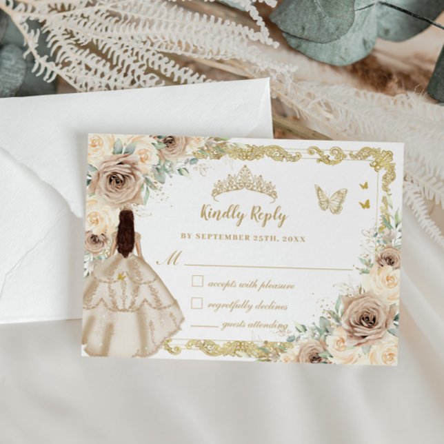Cartons Réponse Quinceañera Champagne Cream Floral Robe Princesse (Créateur téléchargé)