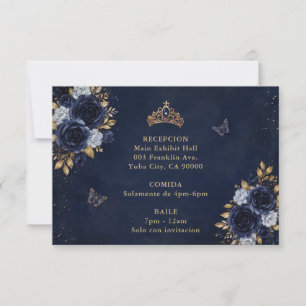 Cartons Réponse Quinceañera papillon floral or et marine
