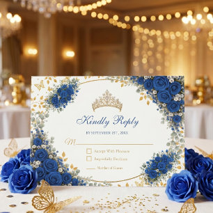 Cartons Réponse Quinceañera Papillons Dorés Bleu Royal 