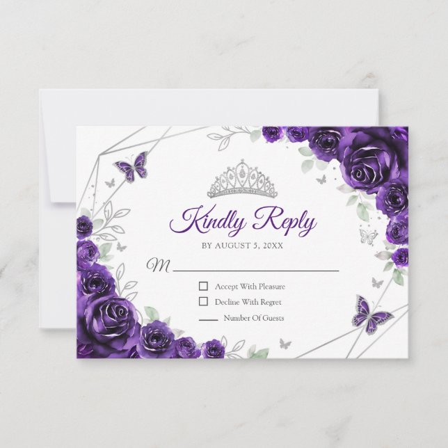 Cartons Réponse Quinceanera Purple Silver Floral Reply (Devant)