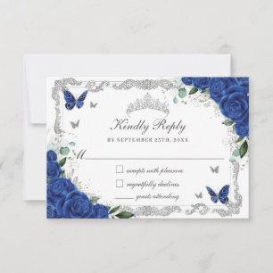 Cartons Réponse Quinceañera Royal Blue Floral Papillons en argent
