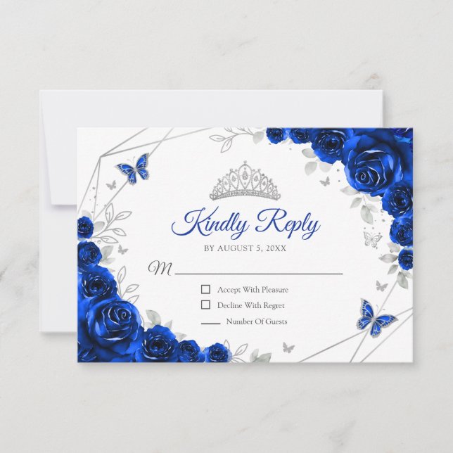 Cartons Réponse Quinceanera Royal Blue Silver Floral Reply (Devant)