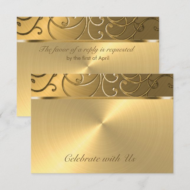 Cartons Réponse Quinceanera Toute Gold Filigree Swirl bordure (Devant / Derrière)
