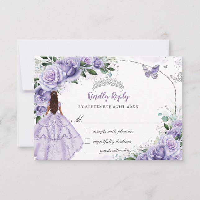 Cartons Réponse Quinze ans Argent Princesse Fleuriste Violet Lavan (Devant)