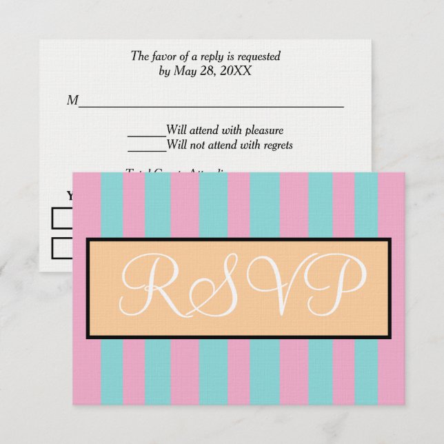 Cartons Réponse Rayures de cabane rose bleu mer de mariage  (Devant / Derrière)