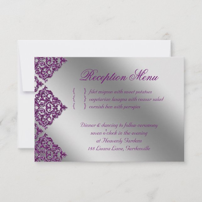 Cartons Réponse Réception Mariage Damask Violet Argent Étincelle (Devant)
