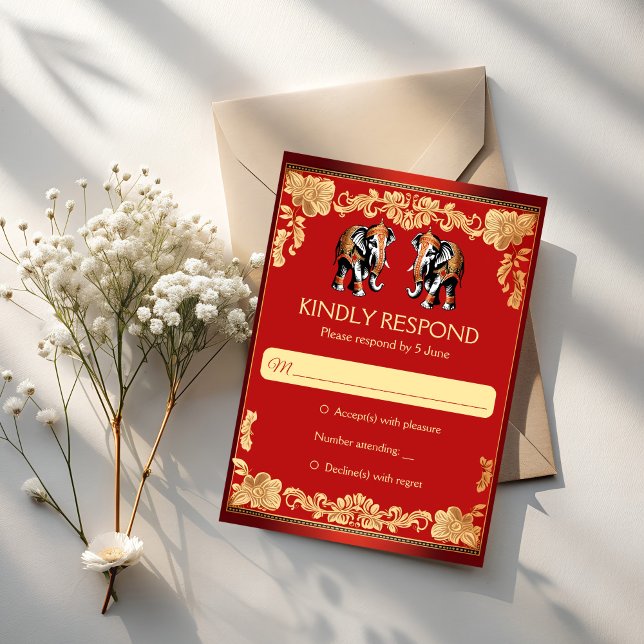 Cartons Réponse Red and gold Indian wedding elephants (Red and gold elephants Indian wedding  RSVP Cards Hindu wedding invitations suite)