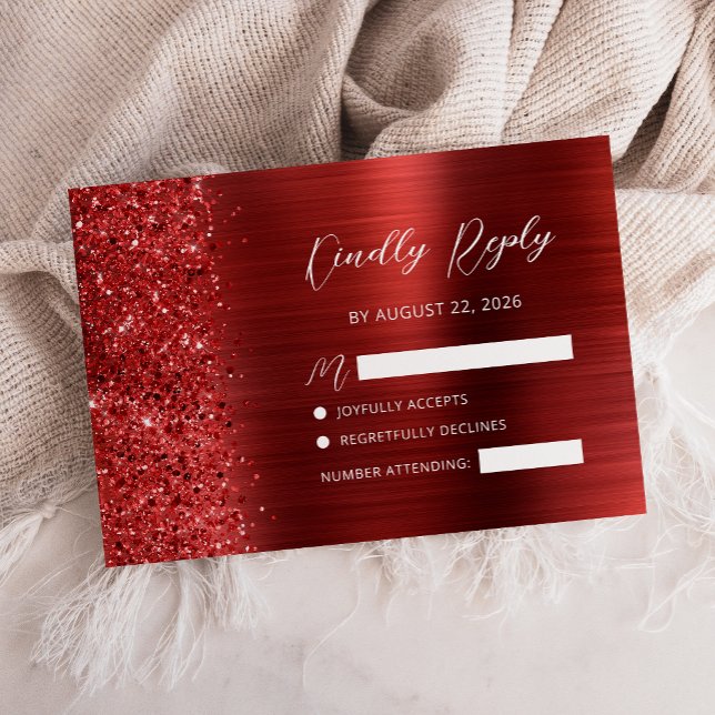 Cartons Réponse Red Brushed Metal Glitter Script Wedding (Créateur téléchargé)