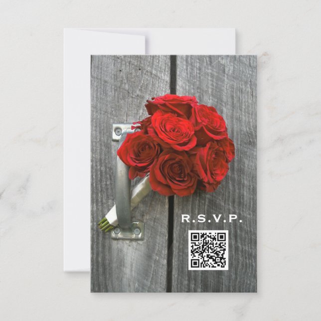 Cartons Réponse Red Rose Bouquet & Barn Wood Mariage QR Code (Devant)